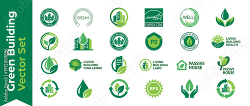 Set of 20 Green Building Certification and Eco Label Icons in Duotone Vector Style; High Contrast Sustainability Symbols for LEED, BREEAM, Energy Star, WELL, Passive House, and Green Architecture.