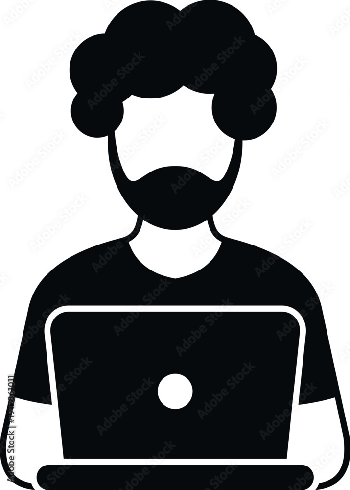 Fototapeta premium Man with beard and curly hair using a laptop, representing a programmer or developer
