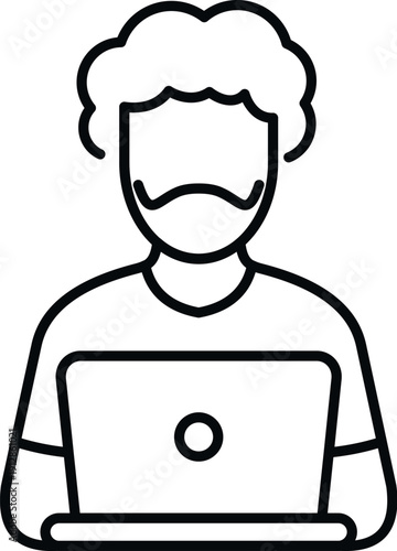 Person with mustache and curly hair working on laptop, displaying concept of remote work or online study