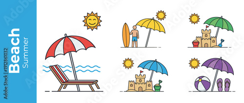 Summer Beach Vacation Icon Set Featuring Sun, Colorful Umbrellas, Sandcastles, Surfboard, Deck Chair, Beach Ball, and Flip-Flops in a Flat Line Art Style for Travel and Leisure Design Projects