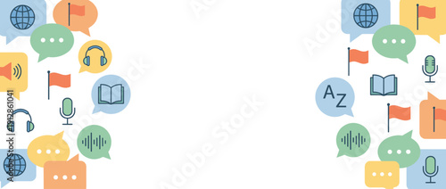 Language learning horizontal banner with flat vector icons of speech bubbles, flags, globes, headphones, and books on a white background with central copy space for education and communication.