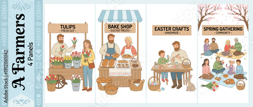 Scandinavian Vector Illustrations of Spring Farmers Market with Fresh Cut Tulips, Easter Bake Shop, Handmade Crafts, and Community Picnic Gathering under Blooming Cherry Blossom Trees.