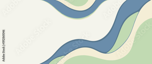 Panoramic vector banner illustration of a soft papercut abstract background with layered waves in blue, green, and cream colors. Minimalist modern design with copy space for text and branding.