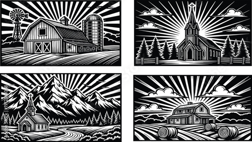 Black and white rural countryside illustrations featuring barns, churches, farmhouses, and sunburst skies, stylized vector artwork highlighting agriculture, religion, and landscapes