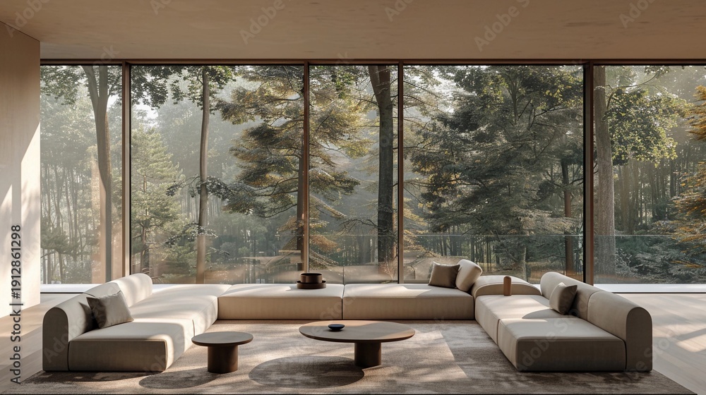 Fototapeta premium Modern living room with large windows and view of forest in serene setting during daytime