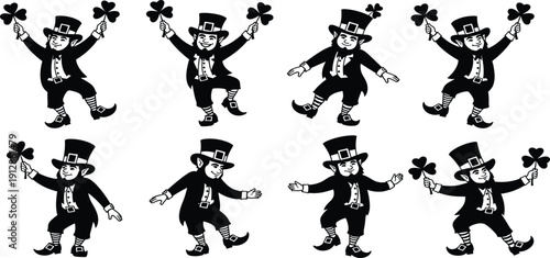 Set of eight black and white leprechaun silhouette illustrations in festive dancing poses with shamrocks, hats, coats, and buckled shoes for St. Patrick’s Day