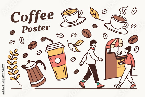 Modern Coffee Poster Set: Aesthetic Cafe Scenes with People and Coffee Beans