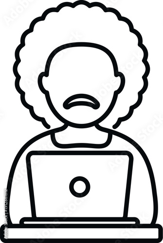 Person with afro hairstyle, mustache, and sad expression working on a laptop