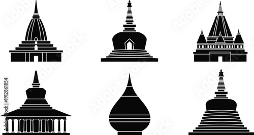 Set of six black silhouette Buddhist stupa and pagoda illustrations showcasing diverse architectural styles, traditional religious structures, and cultural meditation landmarks