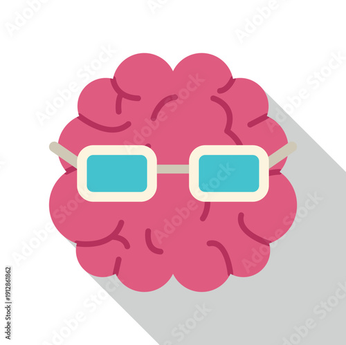 Brain wearing glasses, symbolizing intellect, wisdom, and learning in a flat design style