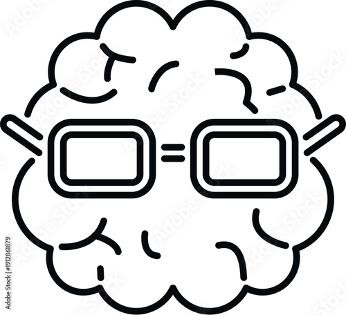 Brain wearing reading glasses as a smart mind, thinking, and vision outline icon