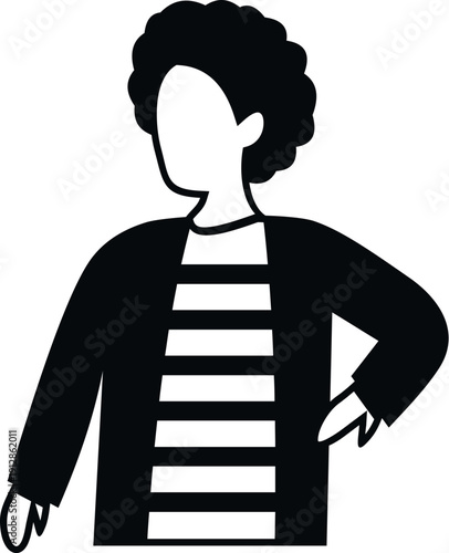 Faceless person with curly hair wearing a striped shirt and jacket