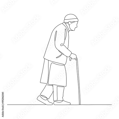 Old man walking with a stick in continuous line art style.