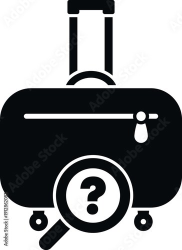Suitcase with question mark in magnifying glass showing lost baggage search