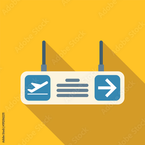 Airport departure board displaying flight information and a directional arrow