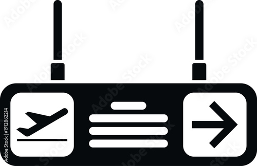 Airport departure sign icon showing a flying airplane and a directional arrow