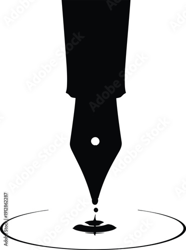 Silhouette of fountain pen nib above ink splash with falling droplet for writing, creativity, and literature-themed design concepts