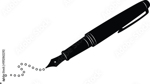 Silhouette of fountain pen with flowing trail of circles for writing, creativity, and elegant design themes