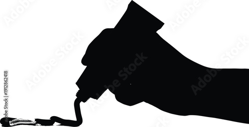 Silhouette of hand squeezing tube with flowing substance forming wavy line for art, hygiene, and product usage design themes