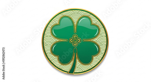 Green four leaf clover emblem with gold accents on white background symbolizing luck and prosperity
