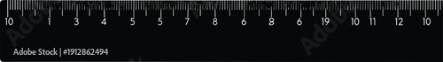 Silhouette of black ruler with metric and imperial markings for measurement, conversion, education, and black vector illustration in technical graphic style