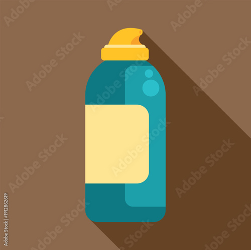 Teal colored aerosol bottle with a yellow top and label, generating a long shadow