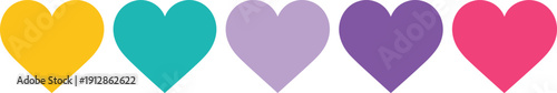 Row of five colorful heart icons in yellow, teal, purple, and pink representing love, emotion, and decorative design elements