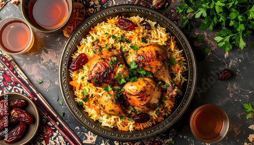 Delicious Chicken Kabsa Served in a Bowl with Dates and Tea, a Traditional Middle Eastern Dish