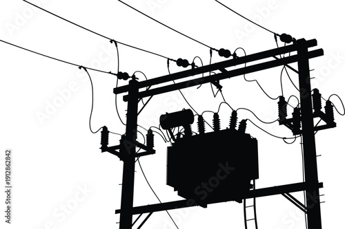 Silhouette of electrical transformer on utility pole with insulators and power lines representing energy distribution and infrastructure in black vector style