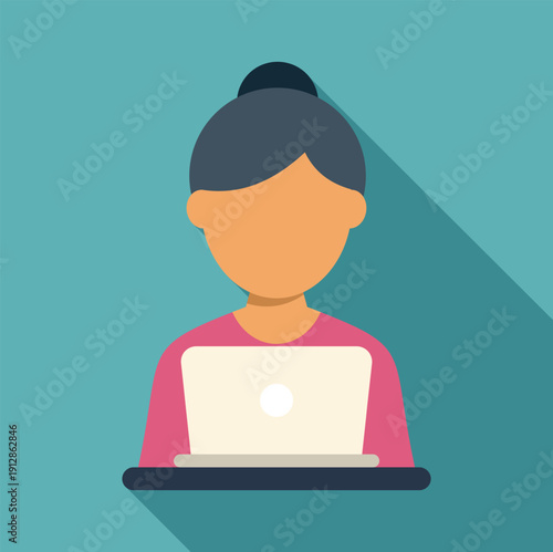 Woman avatar using a laptop, representing remote work and online business