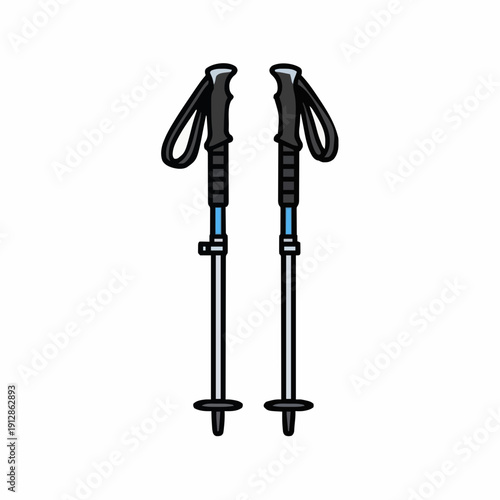 Pair of Black and Silver Ski Poles with Blue Accents Isolated on White Background for Winter Sports Equipment