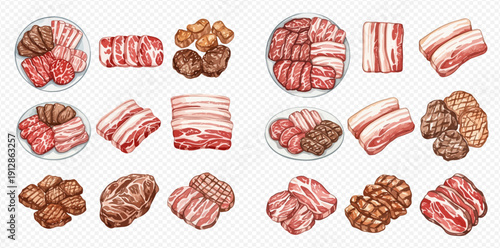 Set of fresh raw meat cuts, including beef, pork, and meatballs, ready for cooking or grilling, isolated on a transparent background.