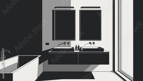 Minimalist modern bathroom interior vector illustration featuring a double vanity floating cabinets vessel sinks freestanding bathtub and architectural lighting in elegant monochrome black and white