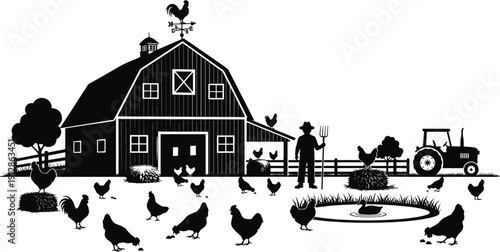 Silhouette farm scene with barn, farmer, tractor, chickens, trees, and pond, rural agriculture illustration for countryside lifestyle and livestock environment themes