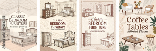 Stylish illustrations of classic bedroom furniture featuring elegant designs.