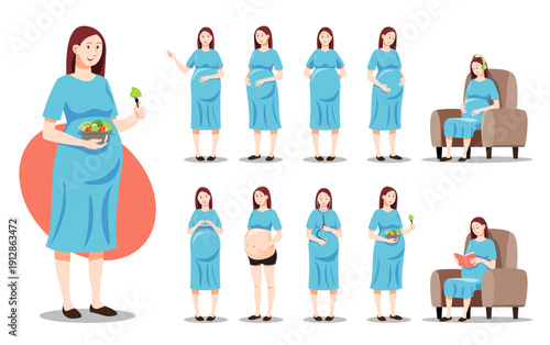 Pregnant woman character set. Flat vector illustration includes pregnancy stages, healthy lifestyle, and prenatal care. Great for maternity, motherhood, and family-related projects.