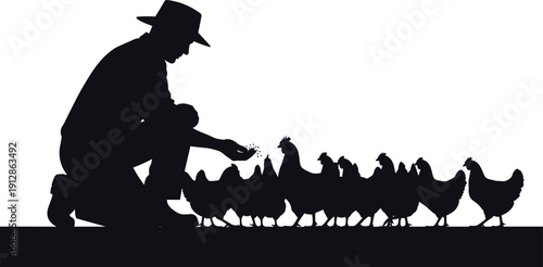 Silhouette of farmer feeding chickens on rural farm, poultry care scene with livestock, agriculture lifestyle, countryside animal husbandry, sustainable farming illustration