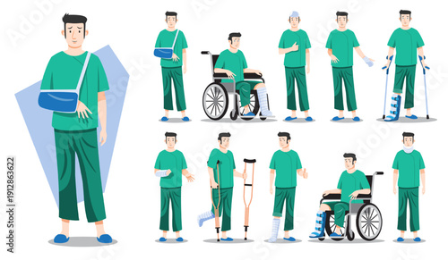 Injured patient character set with various bone fractures. Features wheelchair, crutches, and casts. Perfect for medical insurance, rehabilitation, and accident recovery content.