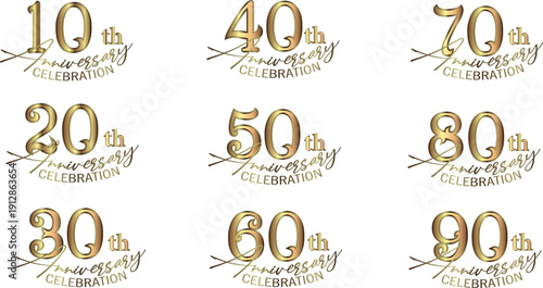 立体感のあるゴールドメタリック数字と筆記体タイポグラフィを組み合わせた高級周年セレブレーションロゴセット｜10周年から90周年まで対応可能な企業創立記念・ブランド記念イベント・ラグジュアリー祝賀デザイン素材