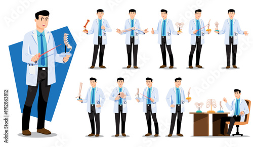 Male orthopedist doctor character set holding anatomy bone models. Flat design vector for orthopedic specialty, medical consultation, bone health education, and clinical services.