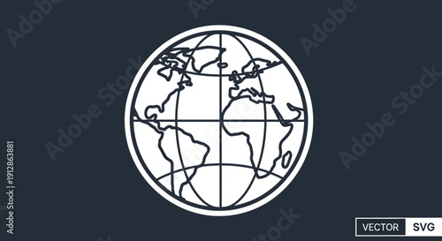 Global Earth Globe Icon with Continents and Latitude Longitude Lines