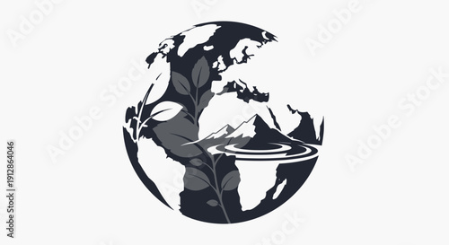 Globe with Plant, Mountains, and Water - Environmental Concept