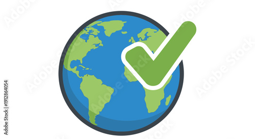 Green Check Mark on Globe Icon: Global Approval, Success, Earth Business