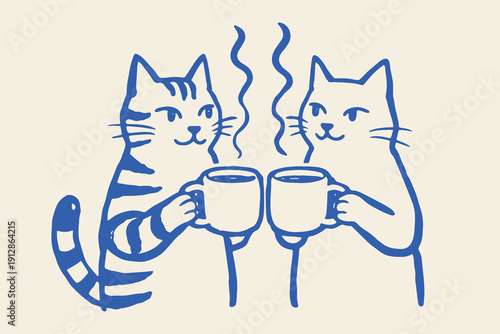 Cats clinking coffee mugs naive line art vector illustration