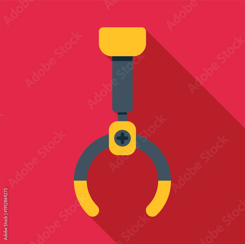 Robotic mechanical claw grabber in flat design style on a red background