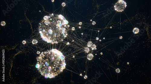 Connected orbs create a network in a dark space with cinematic lighting style