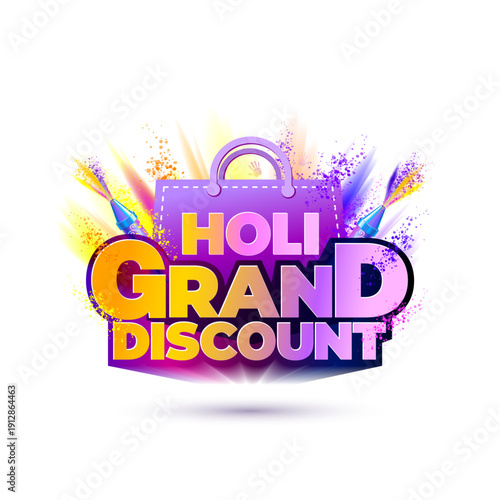 Colour explosion with Holi festival sale concept. Holi gand discount 3d typo and shopping bag design.