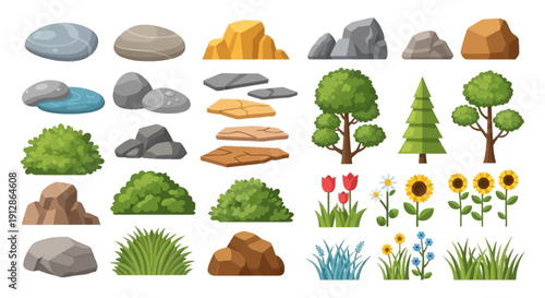 Cartoon illustration of various rocks trees flowers and grass elements