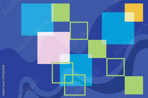 Dynamic Abstract Background with Overlapping Geometric Squares and Wavy Patterns, Infusing a Modern Digital Aesthetic and Creative Visual Flow