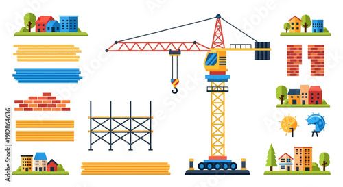 Construction elements including a crane building materials and houses